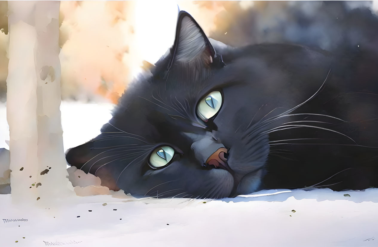 Fluffy black cat with green eyes tilting head, showcasing soft fur