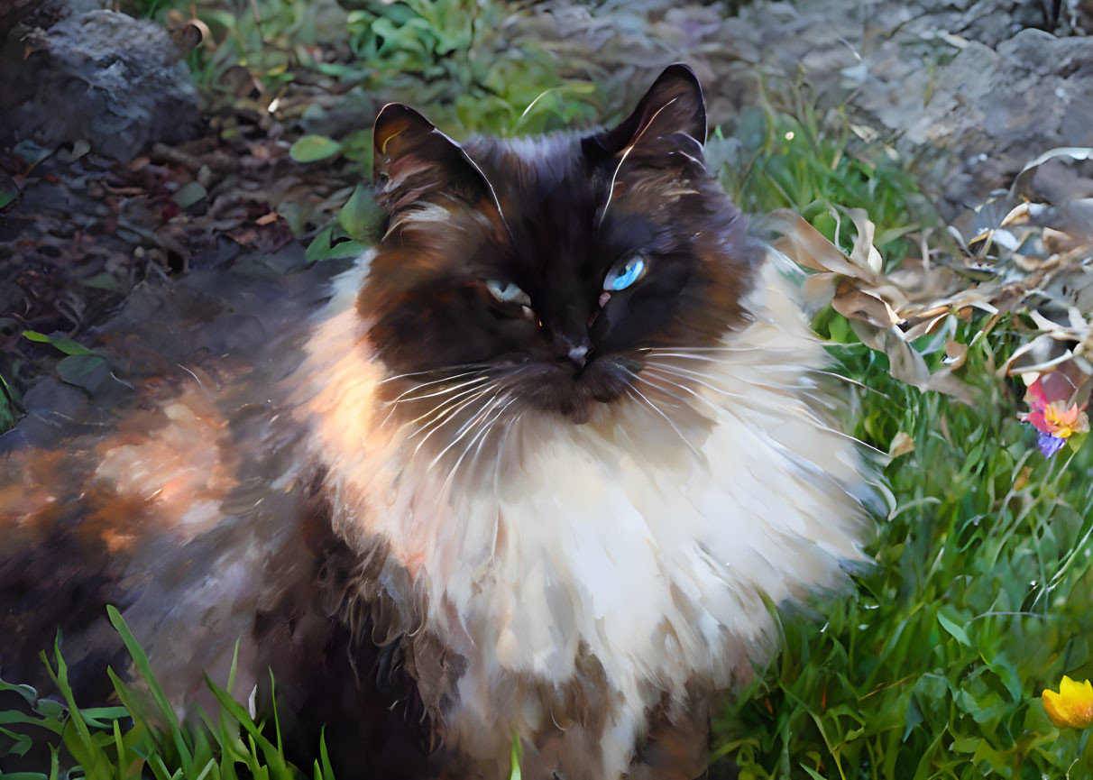 Dark-Faced Long-Haired Cat with Bright Blue Eyes in Garden