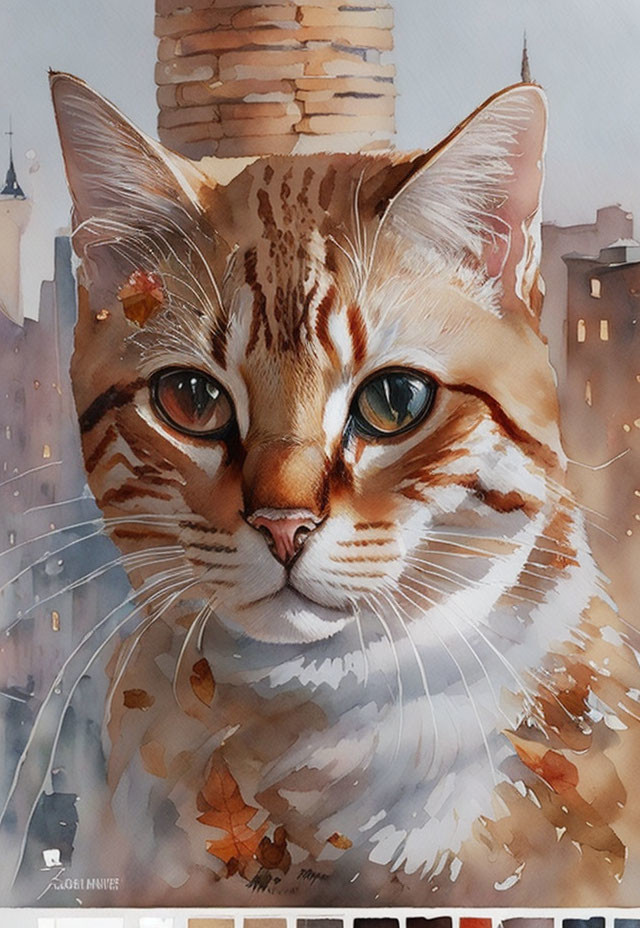 Detailed watercolor painting of an orange tabby cat with green eyes against a cityscape backdrop