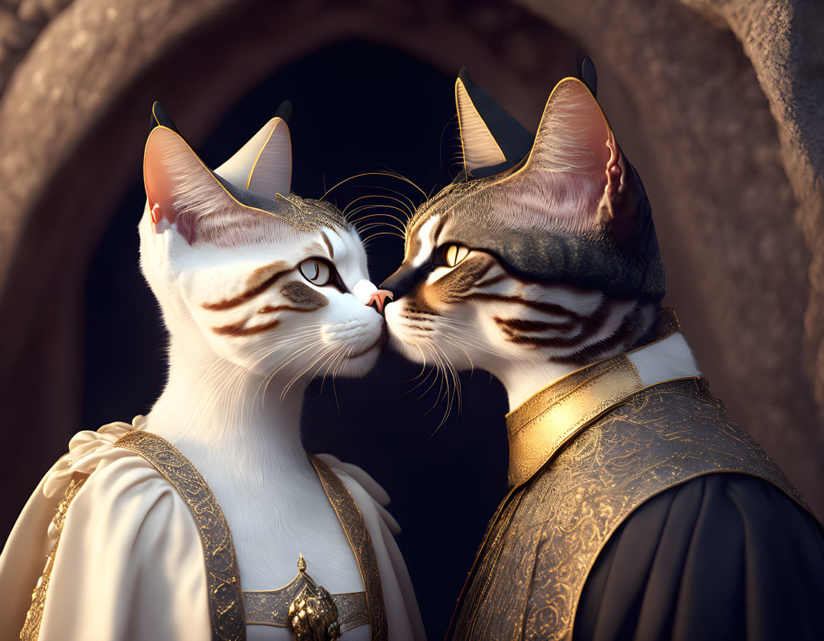 Anthropomorphic cats in royal attire in close proximity against blurred archway.