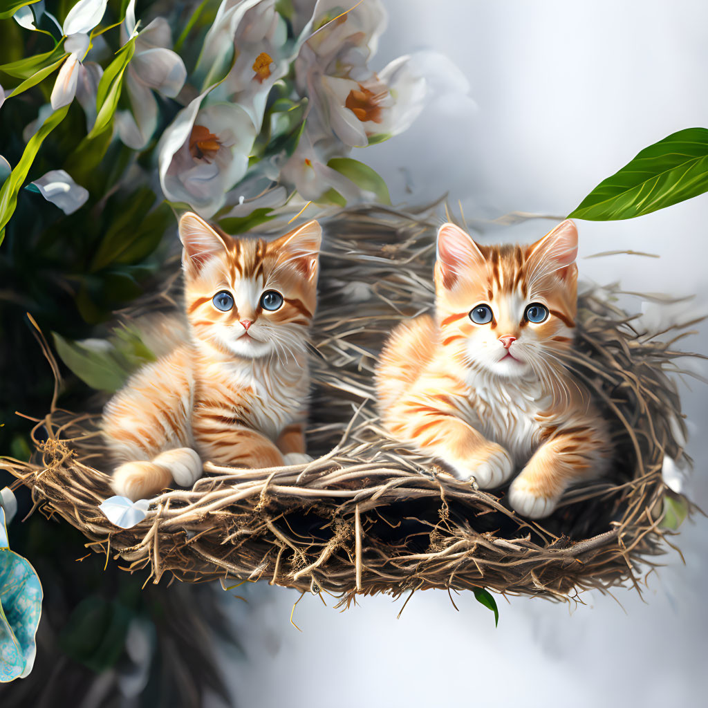 Orange Tabby Kittens Surrounded by Flowers and Leaves