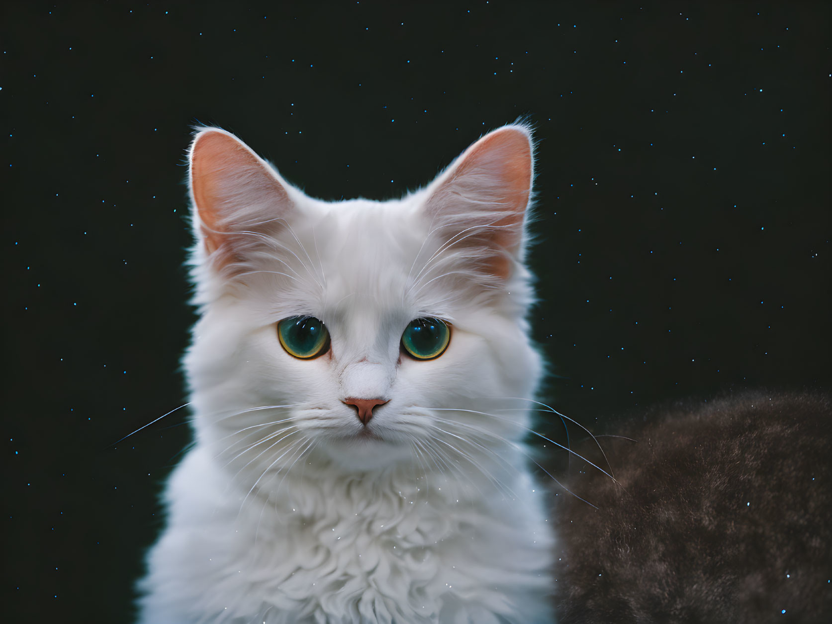 Fluffy White Cat with Green Eyes on Dark Starry Background