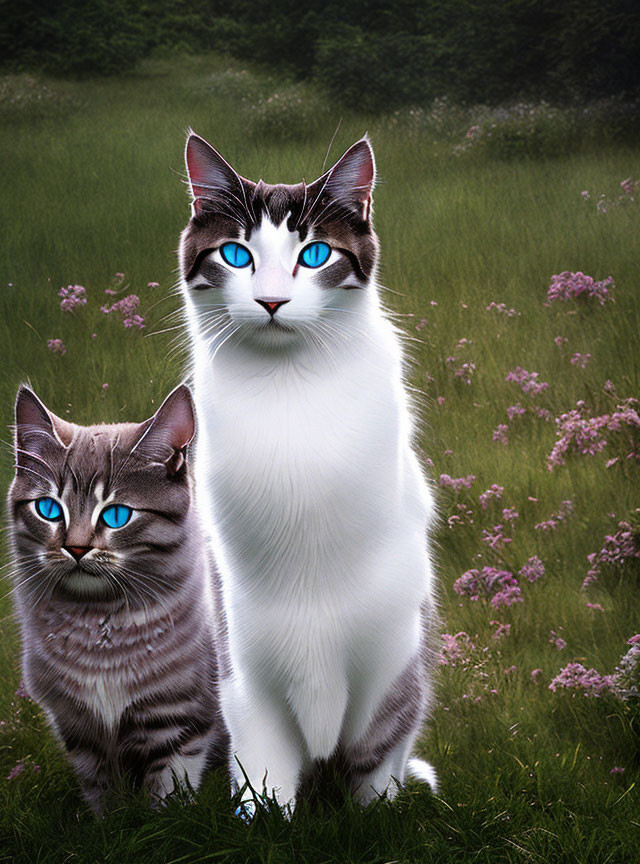 Two Cats with Striking Blue Eyes in Green Field with Purple Flowers