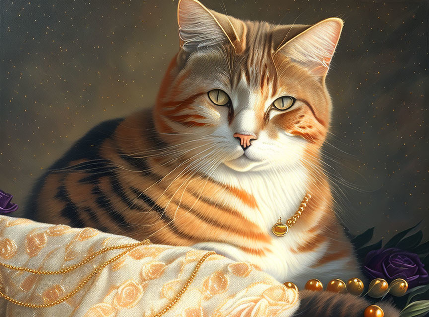 Orange Tabby Cat with Green Eyes and Gold Necklace Resting Near Purple Roses