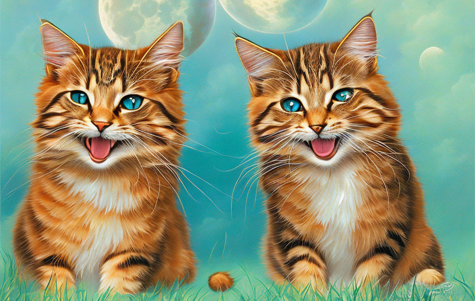 Two smiling cartoon cats with striped fur on whimsical cloud and moon backdrop