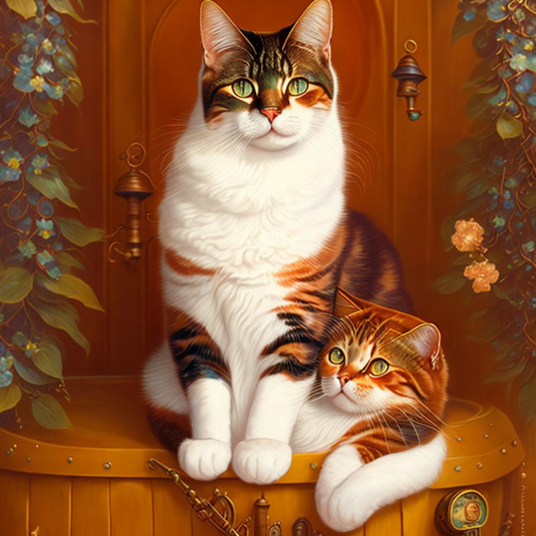 Realistic illustrated cats with vibrant eyes on wooden chest in vintage room