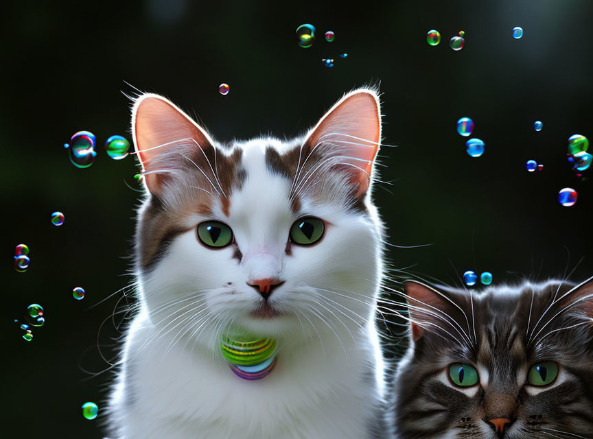 Two Cats - White and Brown Cat with Bubble, Grey Striped Cat in Background
