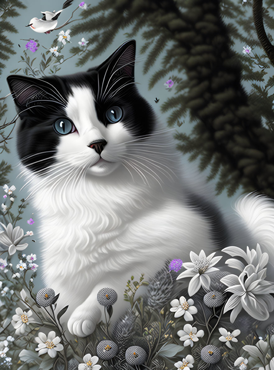 Black and white cat with blue eyes among blooming flowers with birds nearby