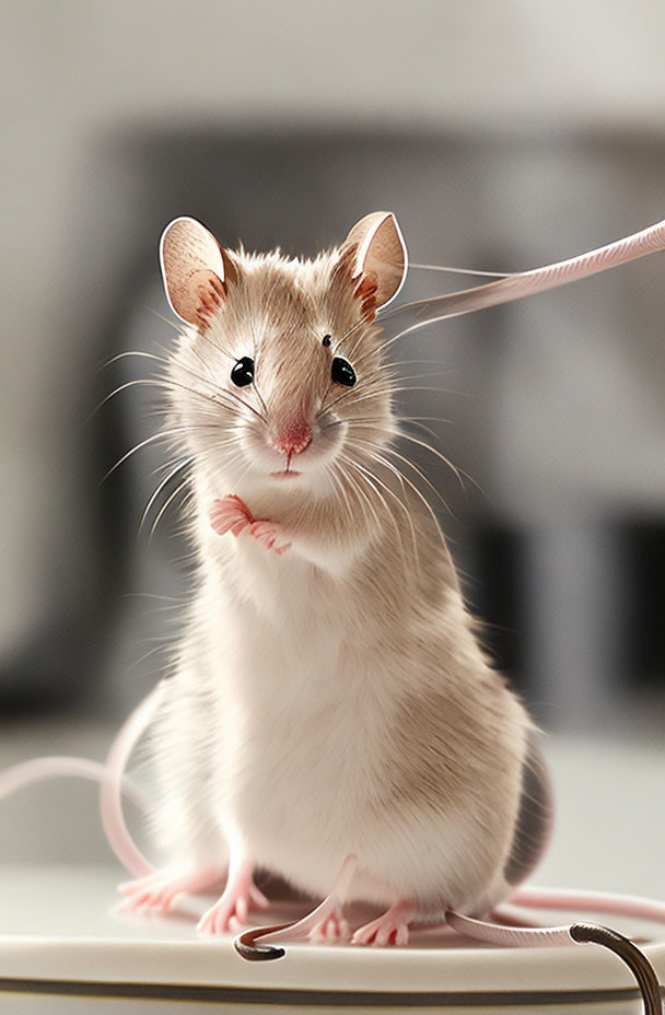 Brown and White Mouse Standing on Hind Legs with Pink String