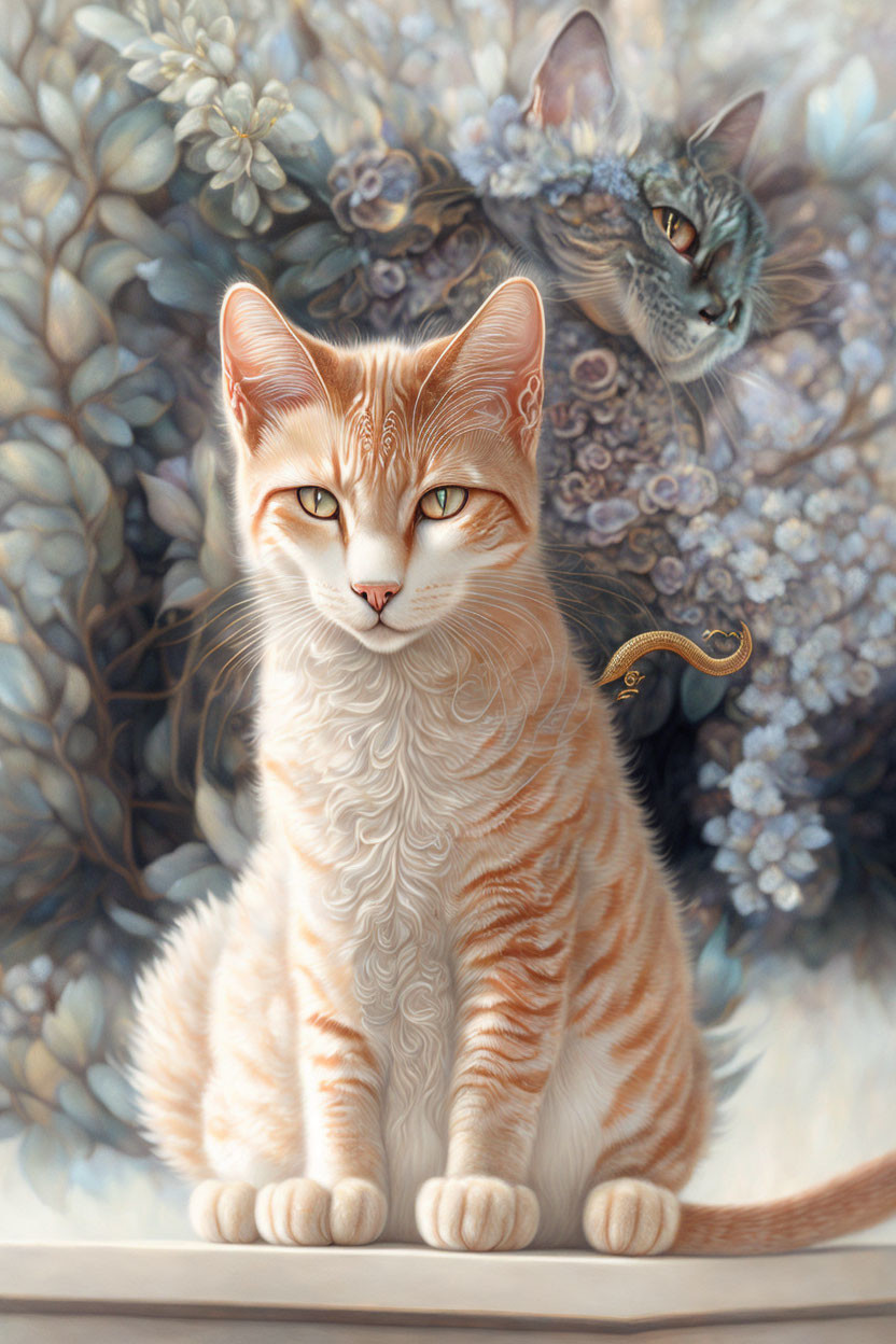 Orange and White Striped Cat with Ghostly Gray Cat and Floral Patterns