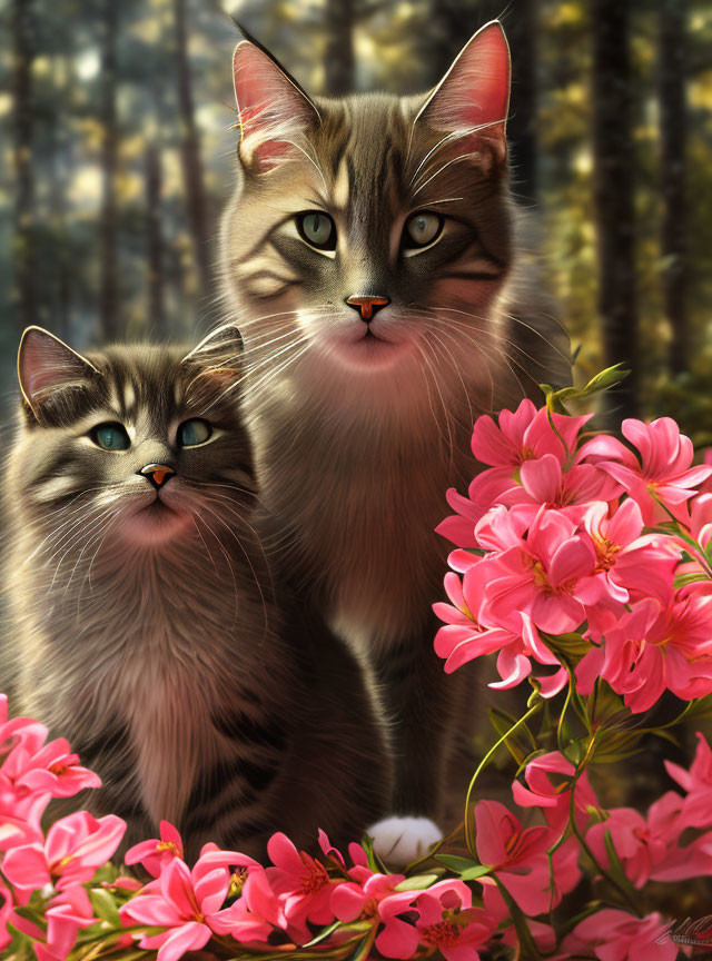 Realistic illustrated cats with striking eyes in vibrant pink flower setting