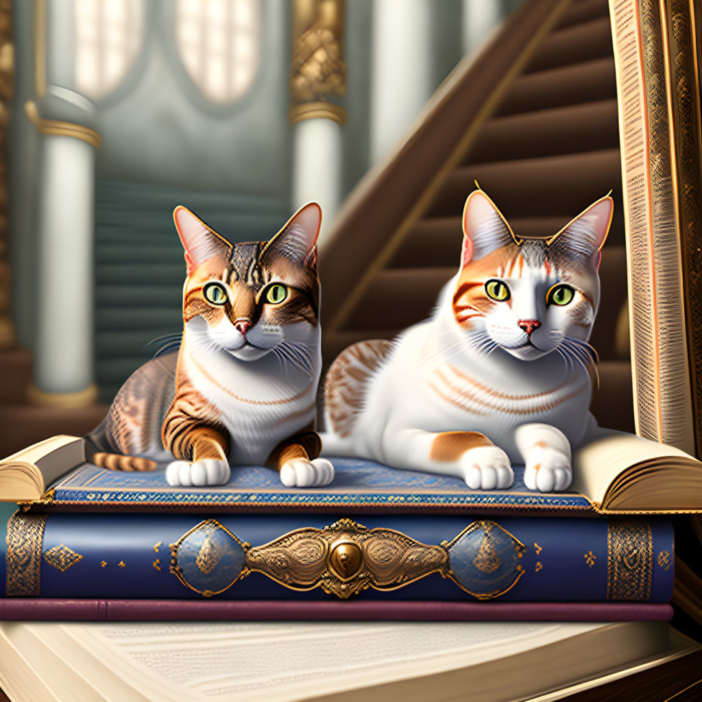 Two cats with striking green eyes on ornate book with grand staircase.