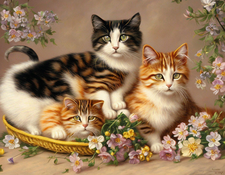 Three Domestic Cats with Floral Background and Pink & White Blossoms