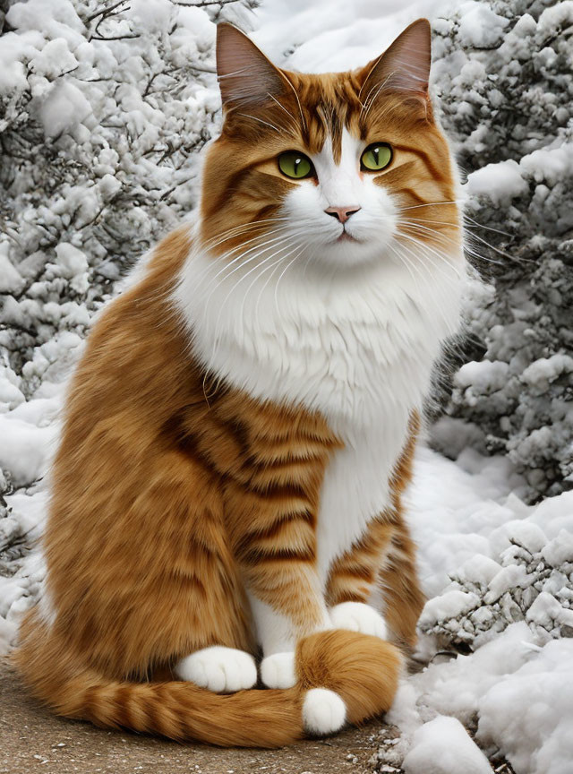 Orange and White Cat with Green Eyes in Snowy Landscape