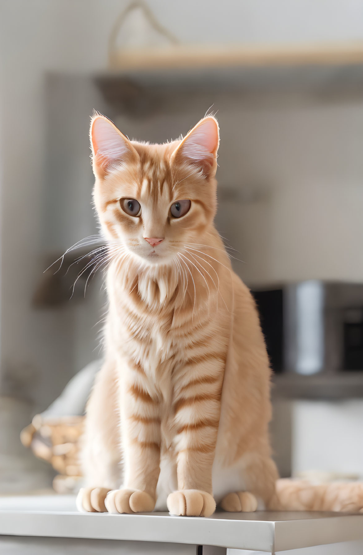 Orange Tabby Cat with Stripes and Erect Ears on Kitchen Counter