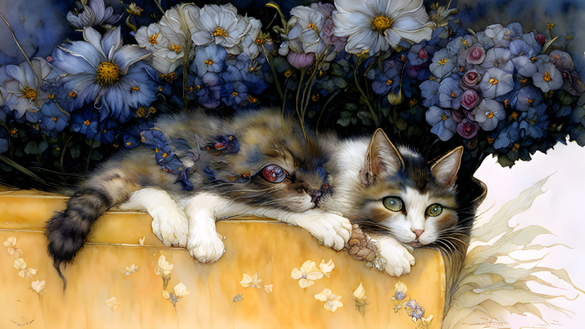 Fluffy Cat with Blue and White Markings Among Vibrant Flowers