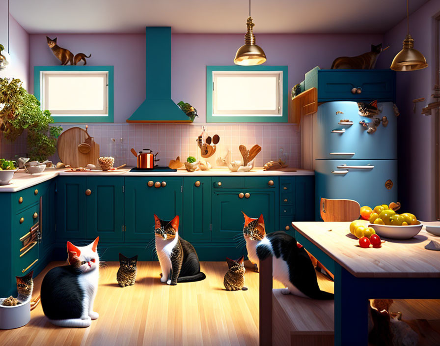 Teal and Gold Kitchen Decor with Multiple Cats