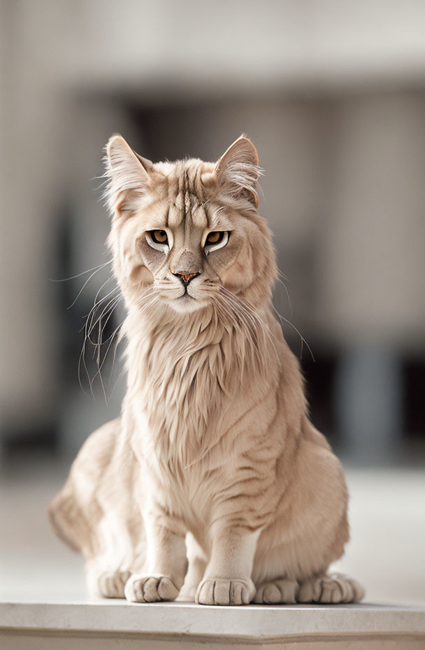 Beige Long-Haired Cat with Piercing Eyes and Tufted Ears Sitting Indoors