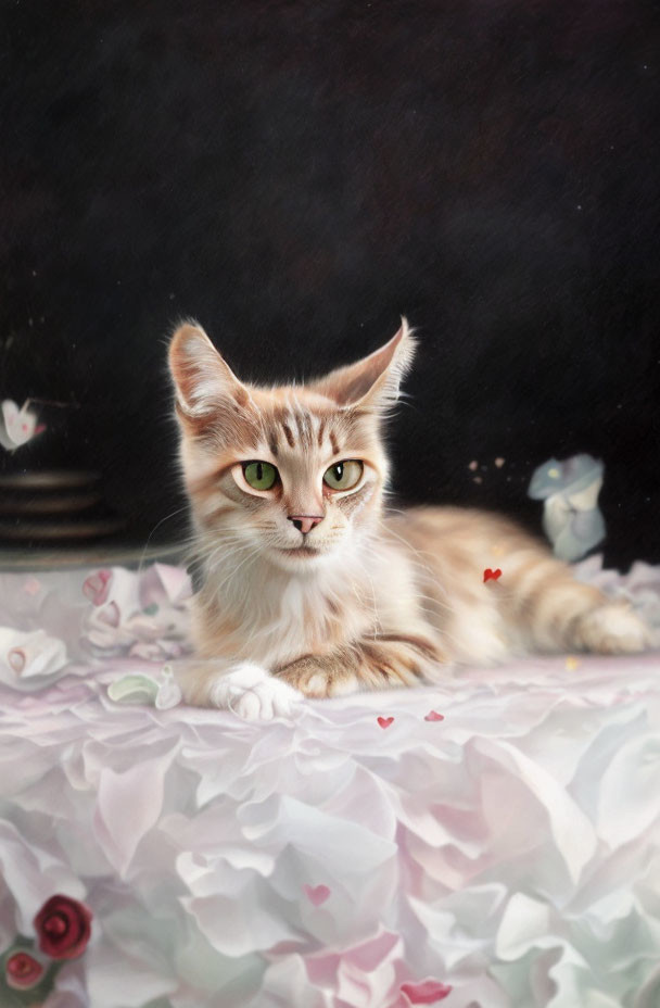 Serene cat with striking eyes on floral fabric and blurred vase.