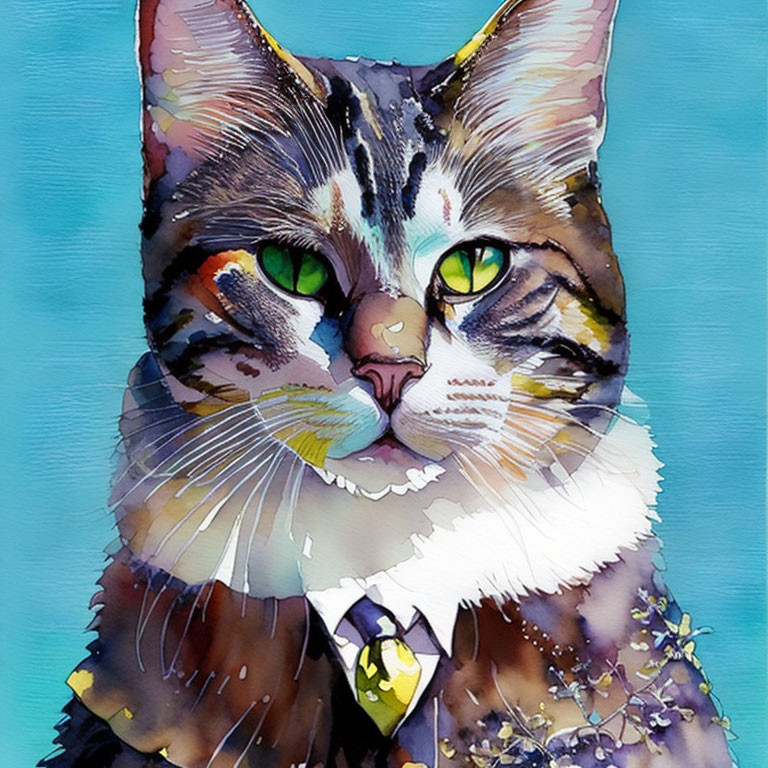 Detailed Watercolor Illustration of Multicolored Cat with Green Eyes