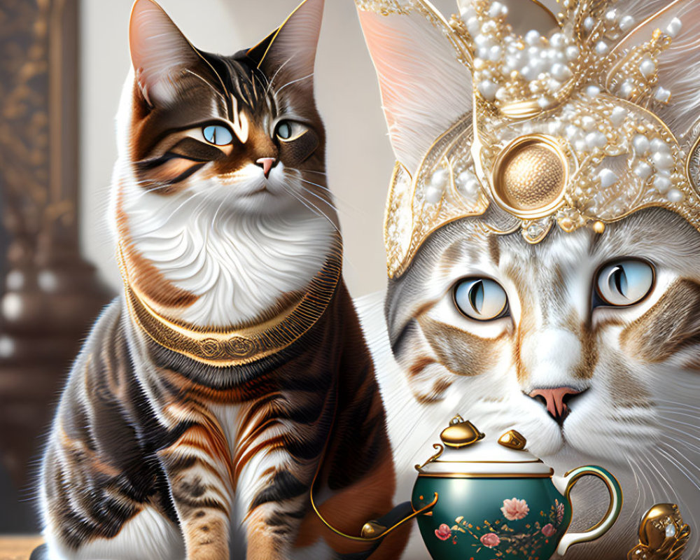 Regal digital art cats with jewelry and crowns near teal teapot