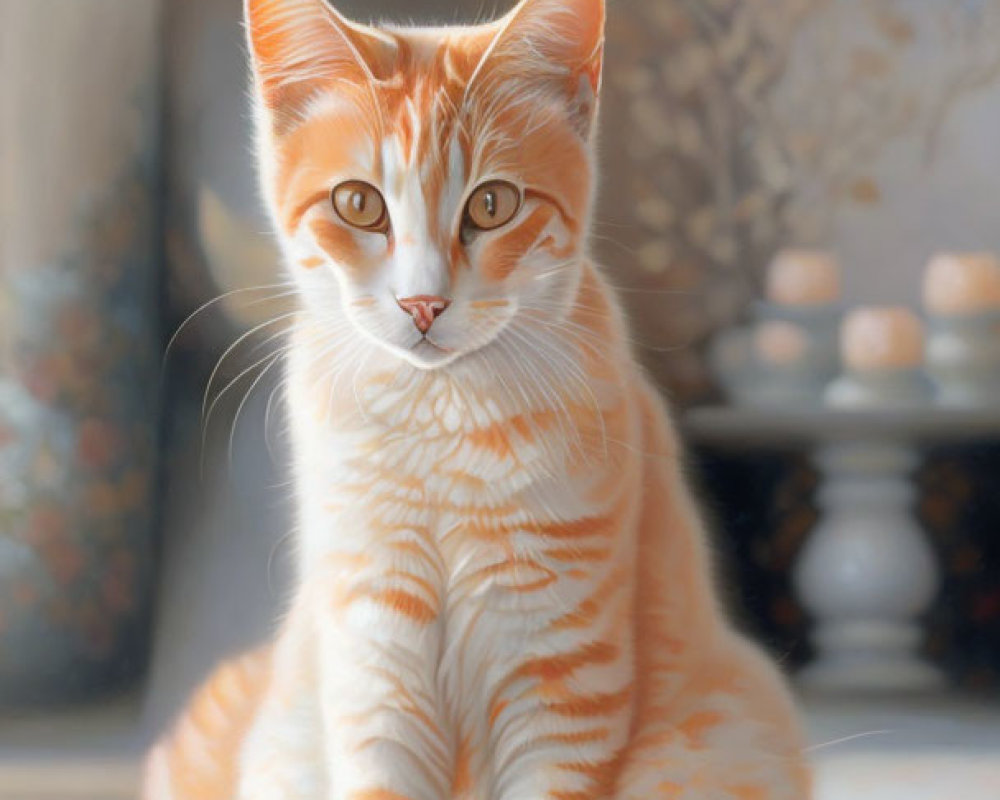 Orange and White Cat Sitting on Table with Elegant Stripes and Vases Backdrop