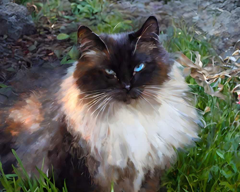 Dark-Faced Long-Haired Cat with Bright Blue Eyes in Garden