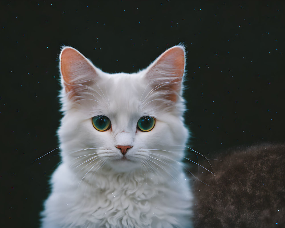 Fluffy White Cat with Green Eyes on Dark Starry Background