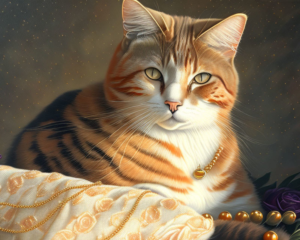 Orange Tabby Cat with Green Eyes and Gold Necklace Resting Near Purple Roses