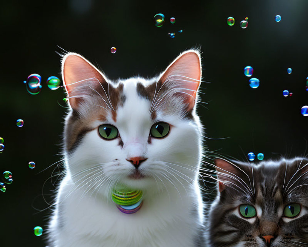 Two Cats - White and Brown Cat with Bubble, Grey Striped Cat in Background