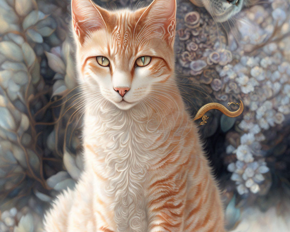 Orange and White Striped Cat with Ghostly Gray Cat and Floral Patterns