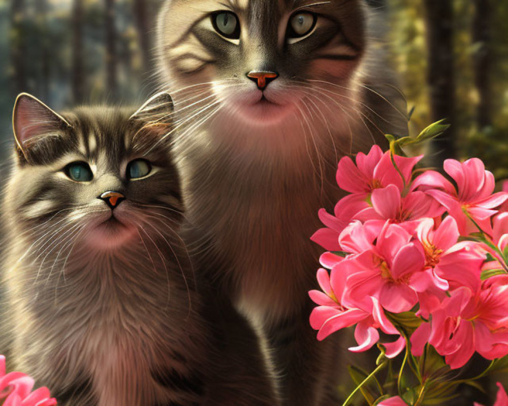 Realistic illustrated cats with striking eyes in vibrant pink flower setting