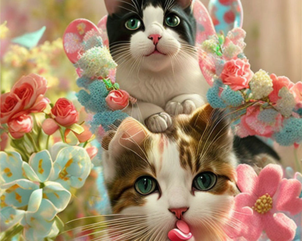 Colorful Portrait of Cats with Floral and Butterfly Filters