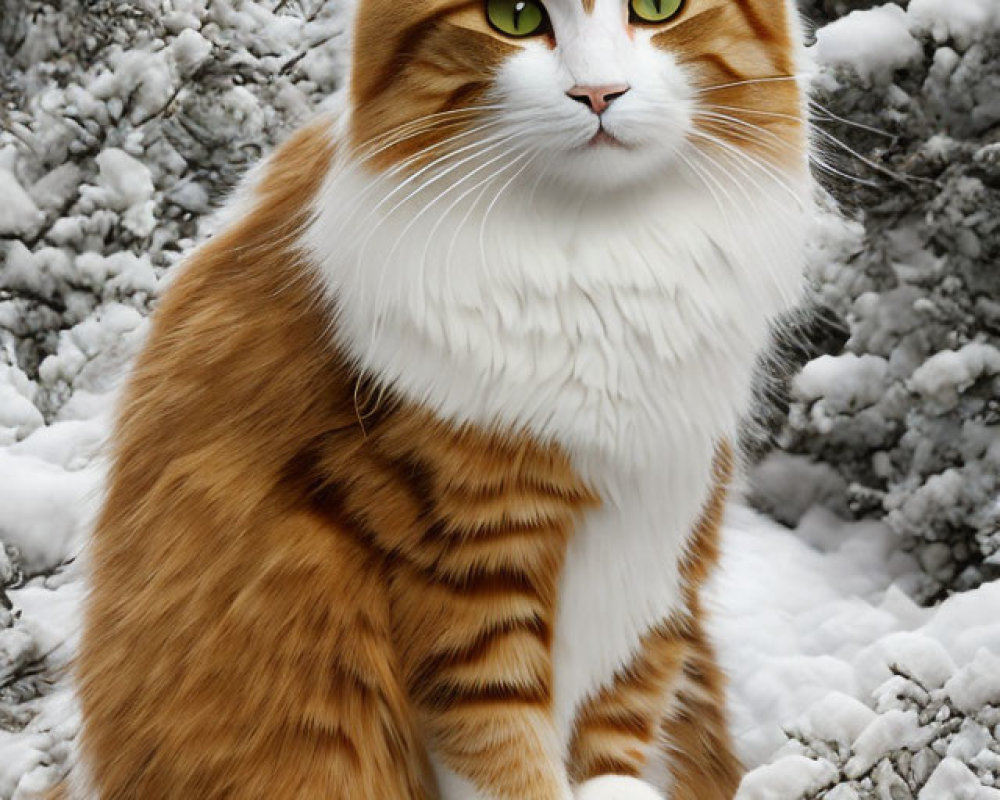 Orange and White Cat with Green Eyes in Snowy Landscape