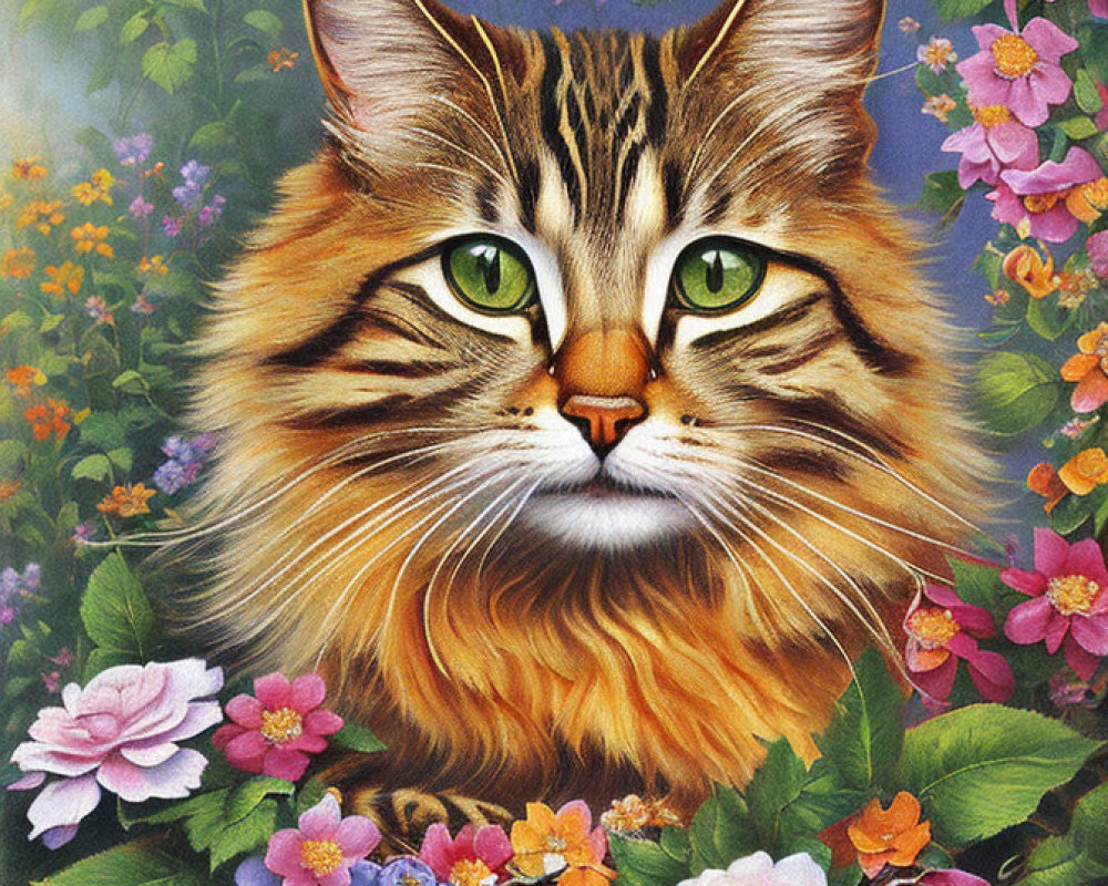 Detailed Tabby Cat Illustration with Green Eyes and Colorful Flowers