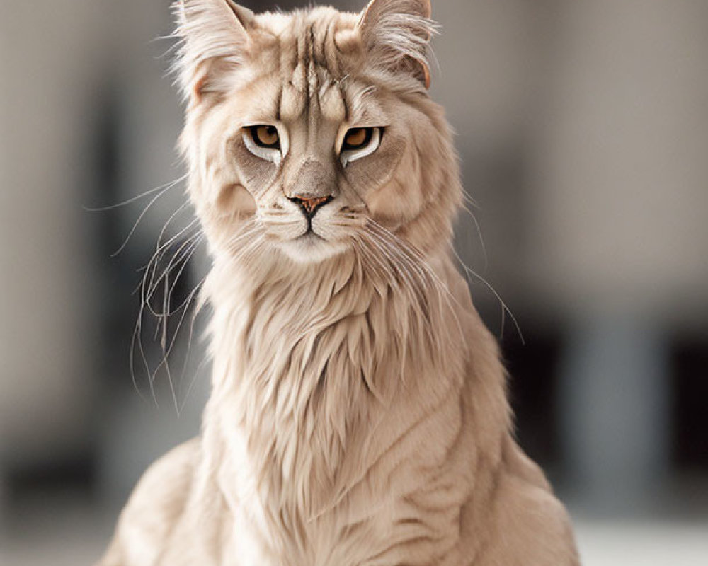 Beige Long-Haired Cat with Piercing Eyes and Tufted Ears Sitting Indoors