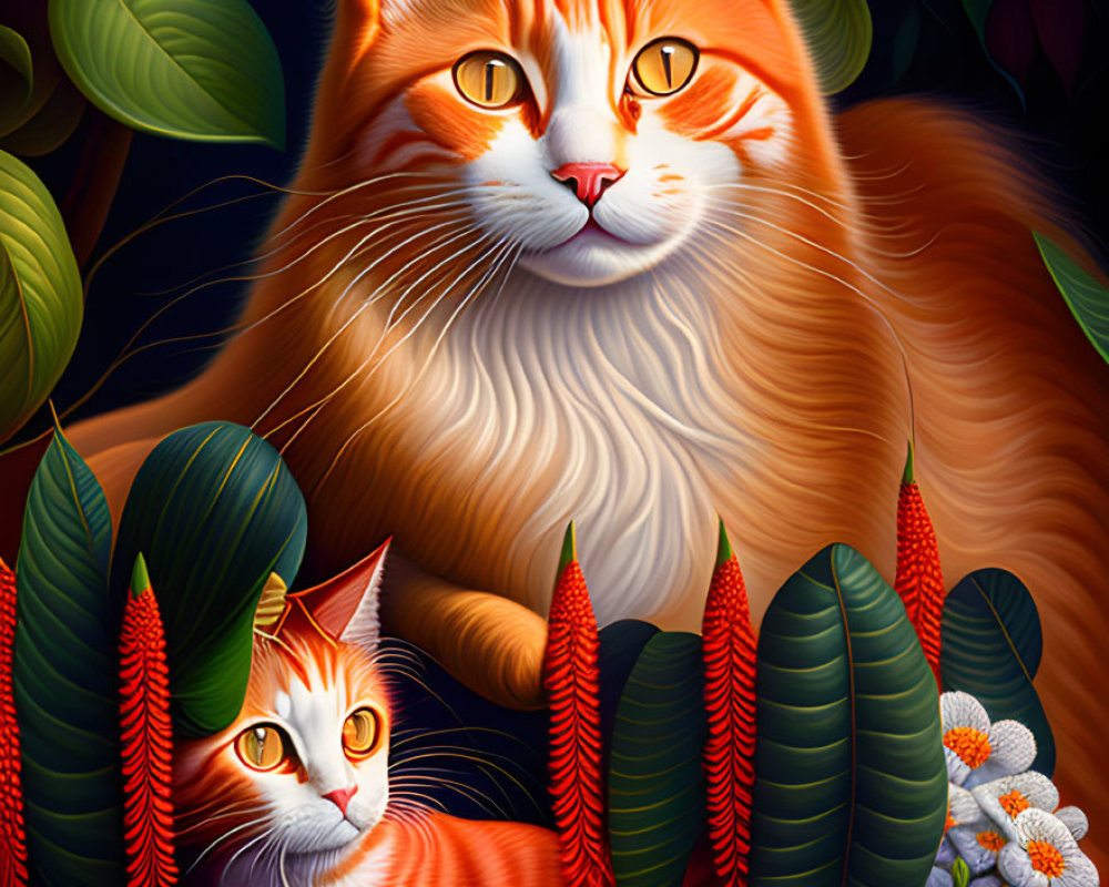 Colorful Illustration of Two Cats in Lush Greenery