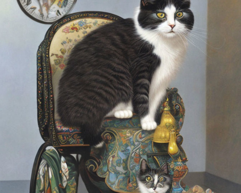 Black and White Cat on Ornate Antique Chair with Cat Figurine