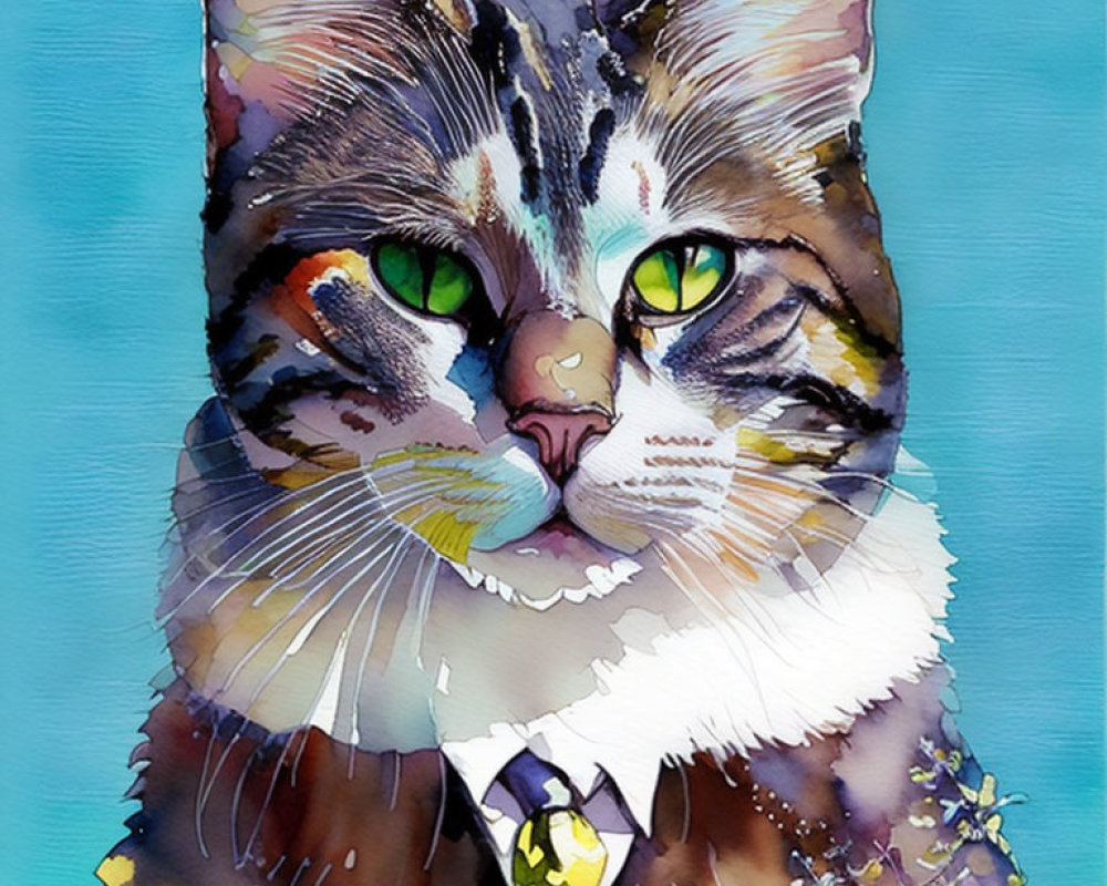 Detailed Watercolor Illustration of Multicolored Cat with Green Eyes