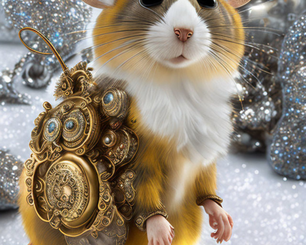 Steampunk backpack on anthropomorphized mouse surrounded by baubles