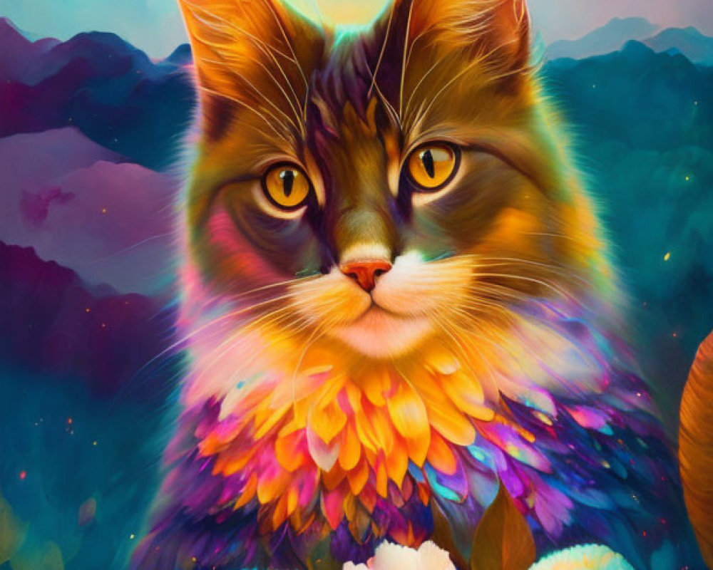 Colorful Cat Painting with Mountain Backdrop