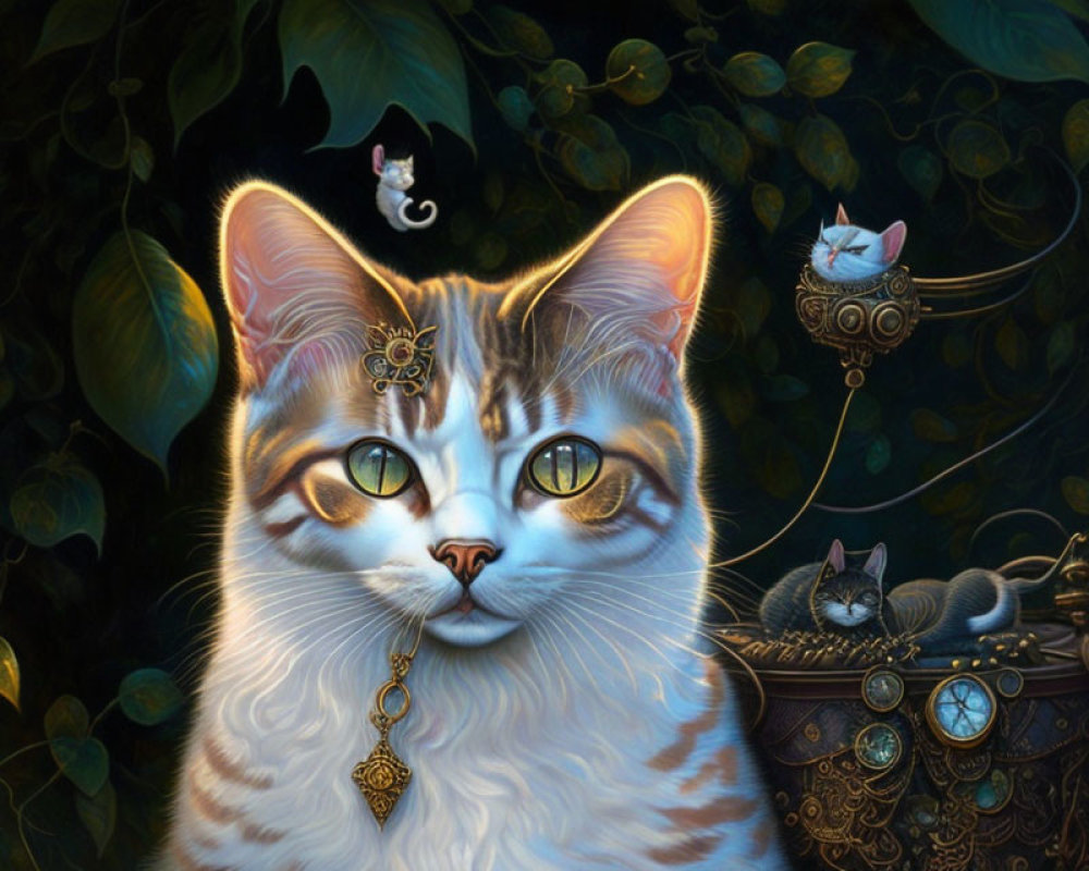 Detailed artwork of a cat with green eyes in lush foliage, playful smaller cats.