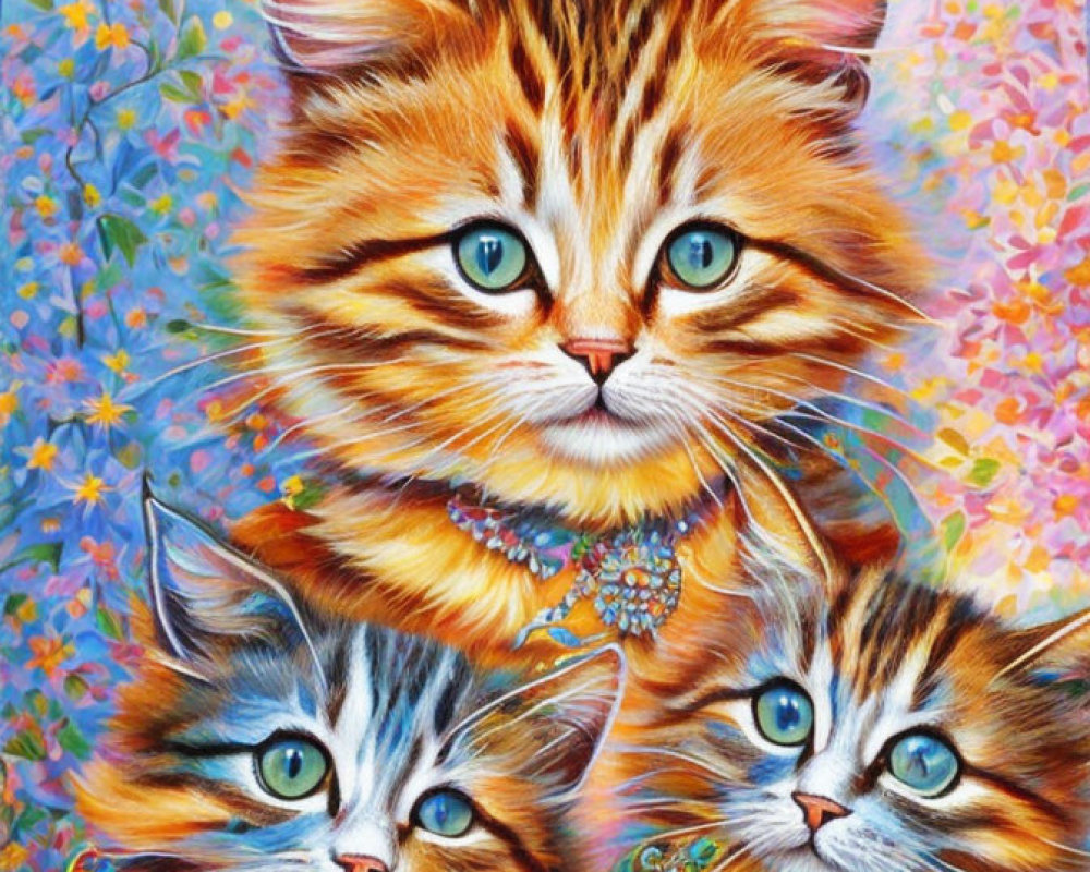 Vibrant illustration of three fluffy kittens with jeweled collars