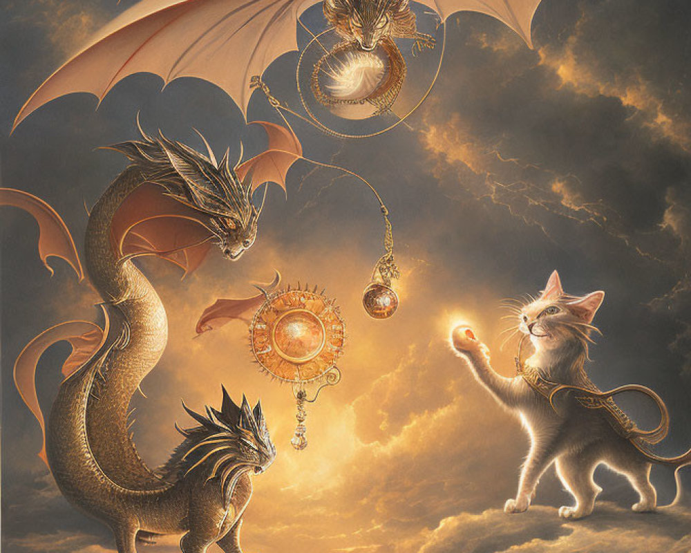 Winged cat confronts dragons in sky with key and watch