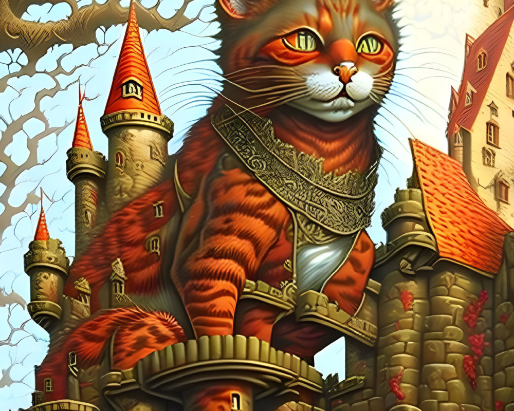 Orange Cat with Green Eyes in Front of Fairytale Castle