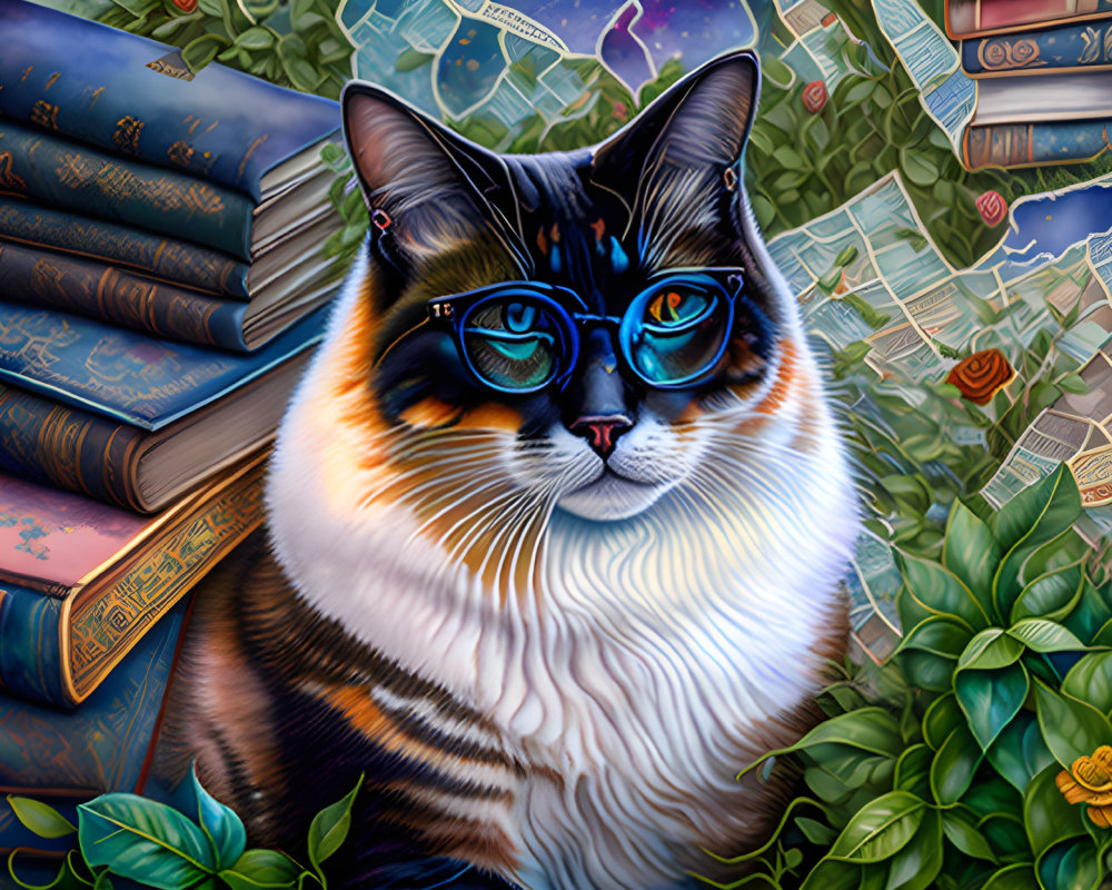 Colorful Cat Illustration with Blue Glasses, Books, Maps, and Foliage