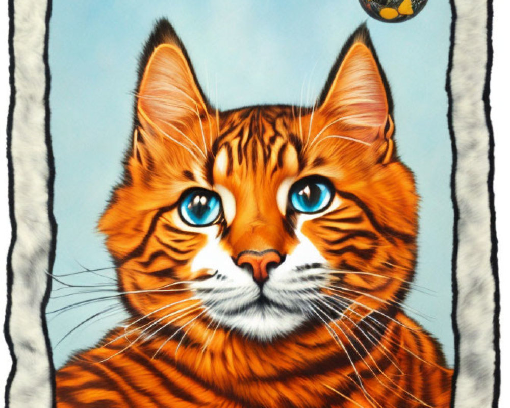 Orange Tabby Cat Illustration with Blue Eyes and Yellow Ball - White Border