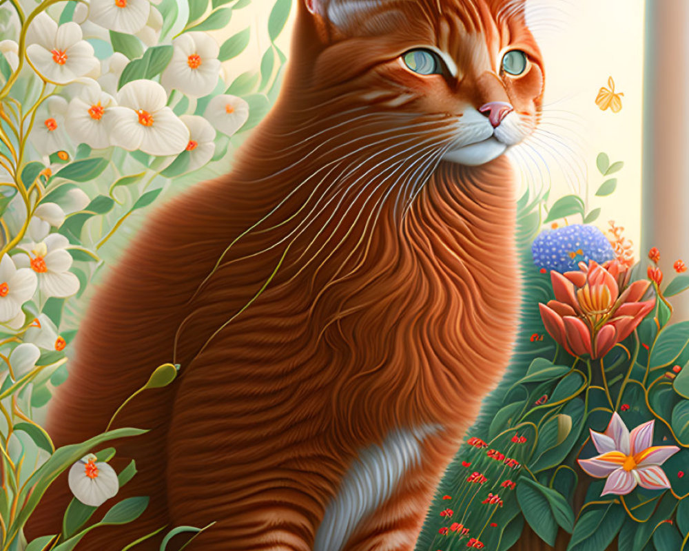 Vibrant ginger cat with green eyes in colorful floral setting