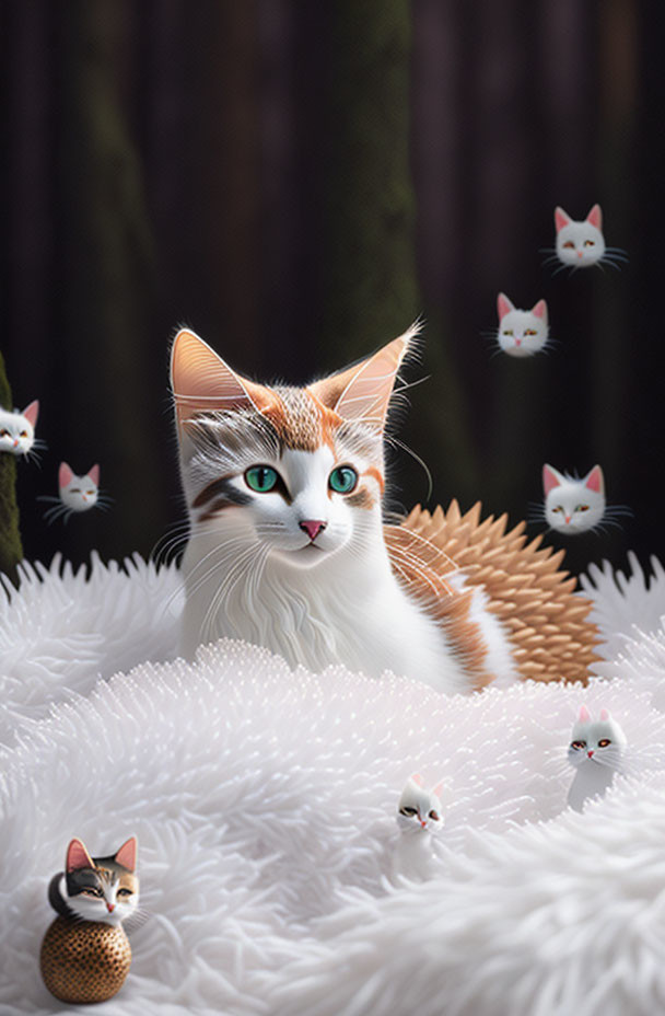 Whimsical cat surrounded by miniature cat faces in forest scene