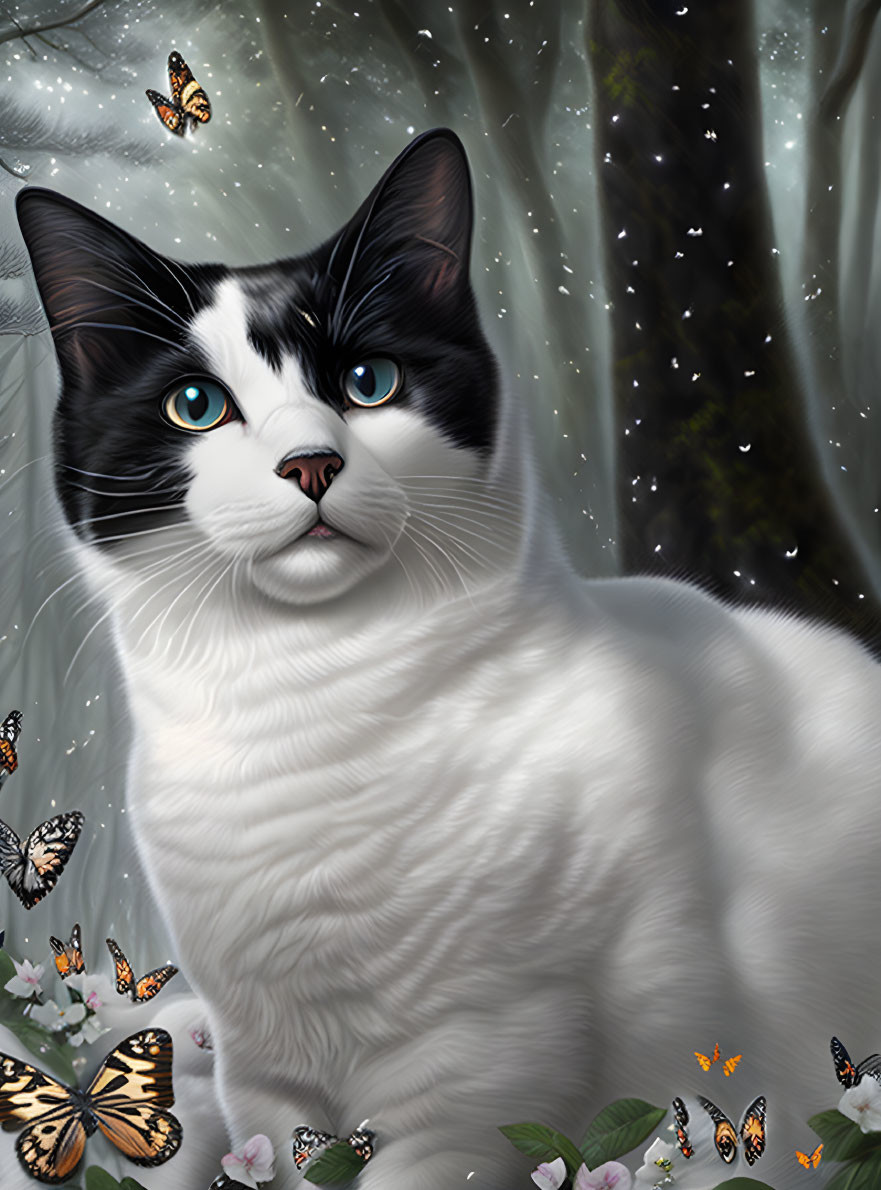 Black and White Cat with Blue Eyes Surrounded by Butterflies in Mystical Forest